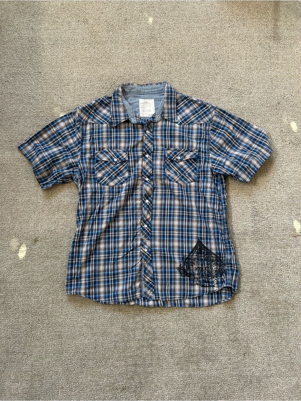 Route 66 Mens XL Short Sleeve Shirt Blue “King of Aces” Plaid Western Pearl Snap